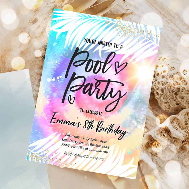 Pool Party Invitation, Girly Tie Dye Pool Party Invitation, Pool Kids Birthday Party, Summer SwI'ming Pool Party