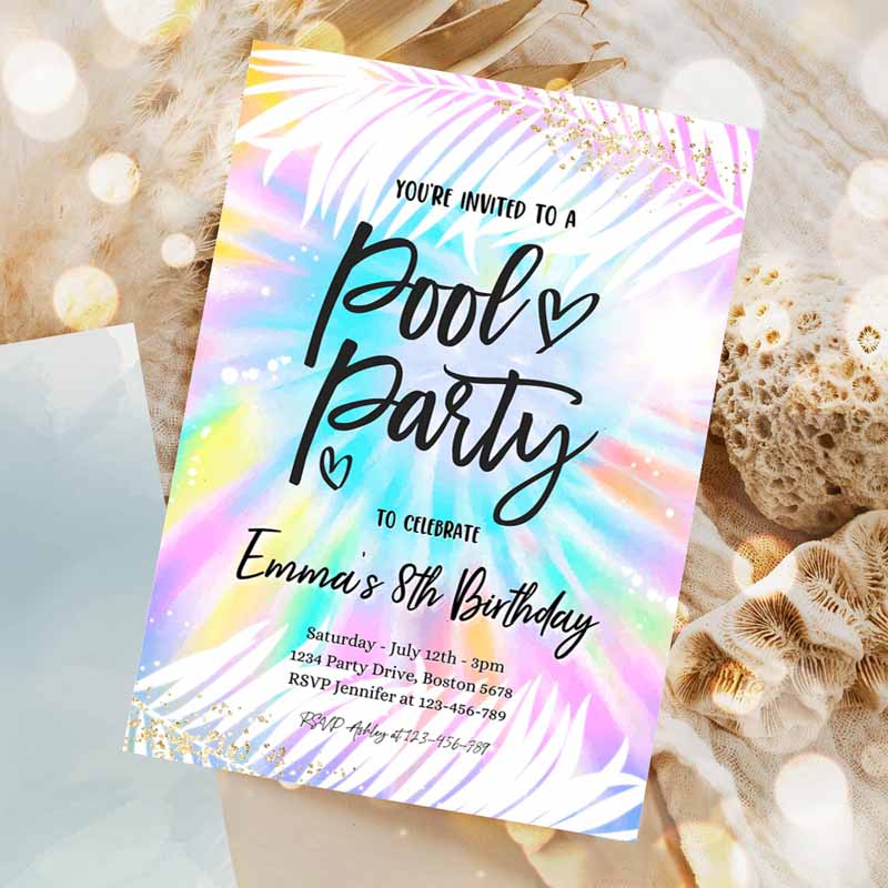 Pool Party Invitation, Girly Tie Dye Pool Party Invitation, Pool Kids Birthday Party, Summer SwI'ming Pool Party Invitation