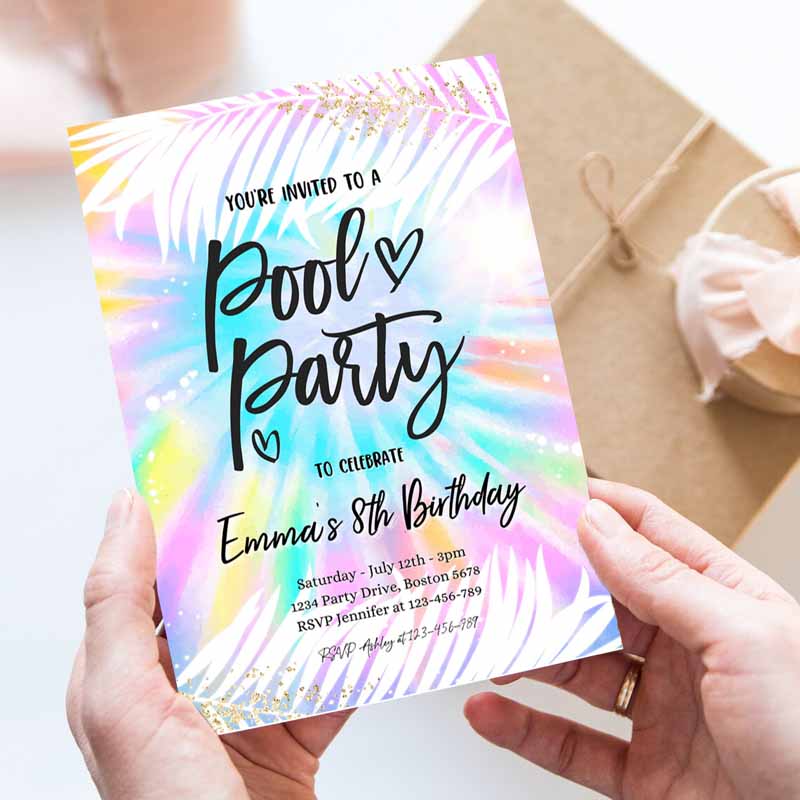 Pool Party Invitation, Girly Tie Dye Pool Party Invitation, Pool Kids Birthday Party, Summer SwI'ming Pool Party Invitation