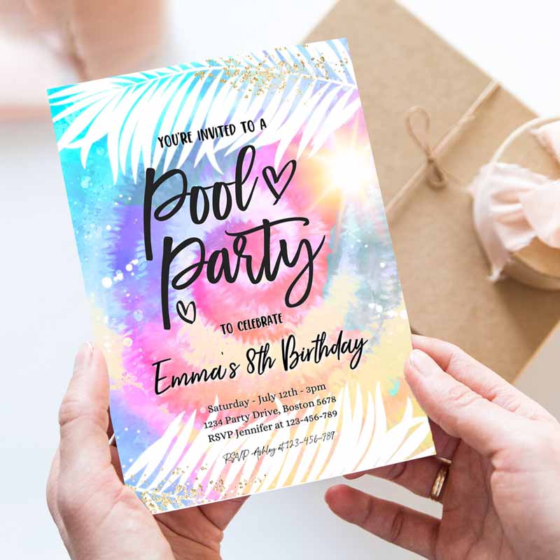 Pool Party Invitation, Girly Tie Dye Pool Party Invitation, Pool Kids Birthday Party, Summer SwI'ming Pool Party