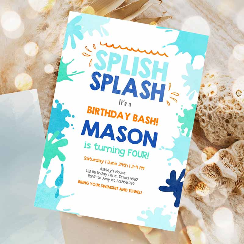 Pool Party Invitation, Splish Splash Kids Birthday, Invite Pool Party, Bash Beach SwI'ming Summer