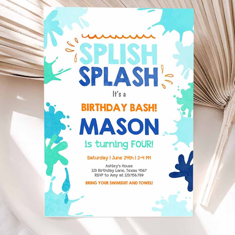 Pool Party Invitation, Splish Splash Kids Birthday, Invite Pool Party, Bash Beach SwI'ming Summer