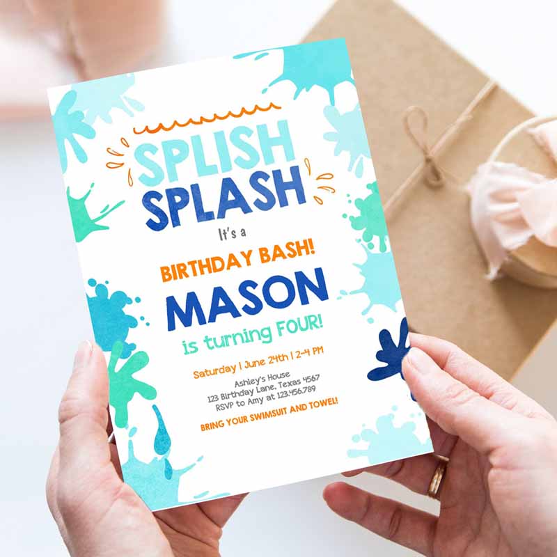 Pool Party Invitation, Splish Splash Kids Birthday, Invite Pool Party, Bash Beach SwI'ming Summer