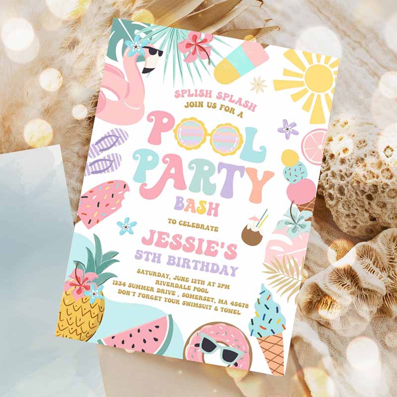 Pool Party Invitation, Tropical Splish Splash Girly Pool Party Invitation, Summer SwI'ming Pool Splash Pad Party