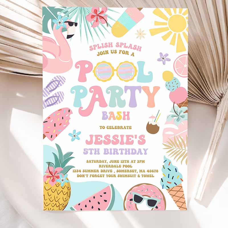 Pool Party Invitation, Tropical Splish Splash Girly Pool Party Invitation, Summer SwI'ming Pool Splash Pad Party