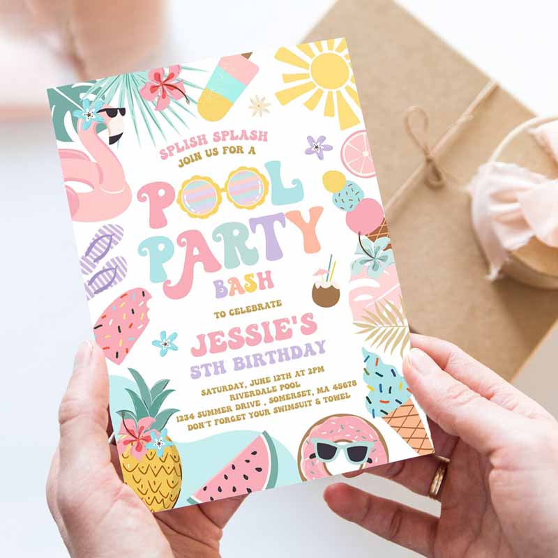 Pool Party Invitation, Tropical Splish Splash Girly Pool Party Invitation, Summer SwI'ming Pool Splash Pad Party