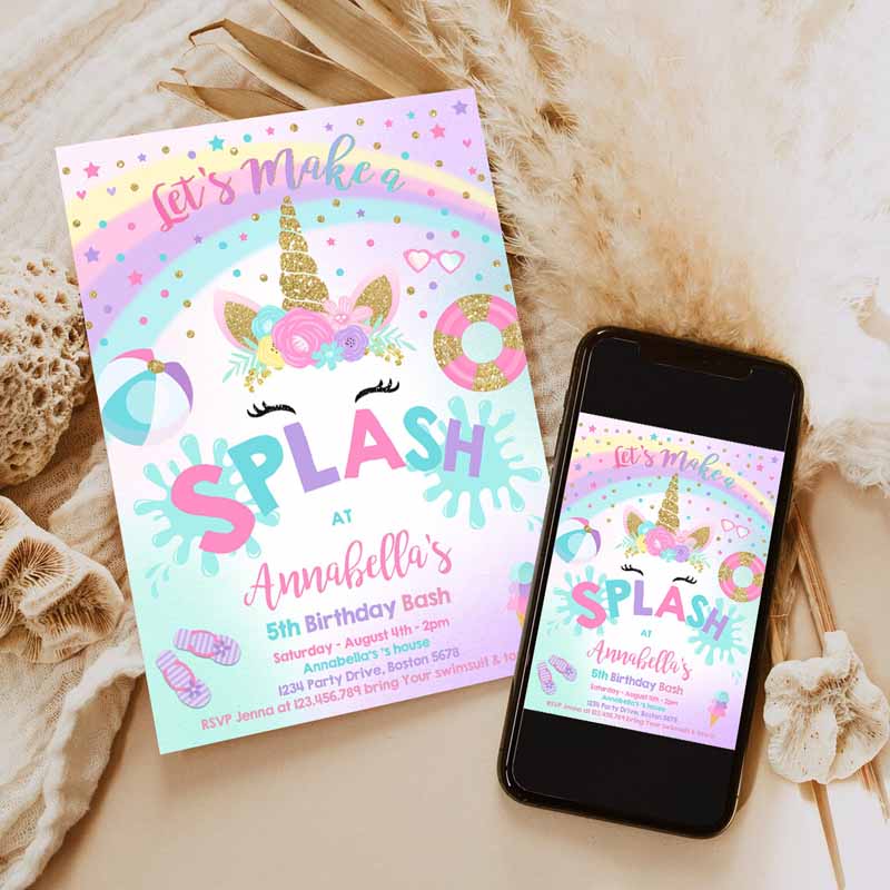 Pool Party Invitation, Unicorn Pool Party Invitation, Unicorn Pool Float Splish Splash Pool Party, Bash Invitation