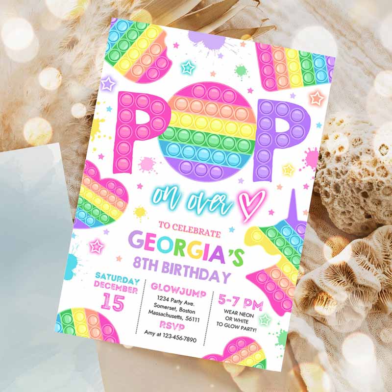 Pop It Kids Birthday, Pop It Kids Birthday Party Rainbow Pop It Fidget Toy Party, Pop It Party Invitation