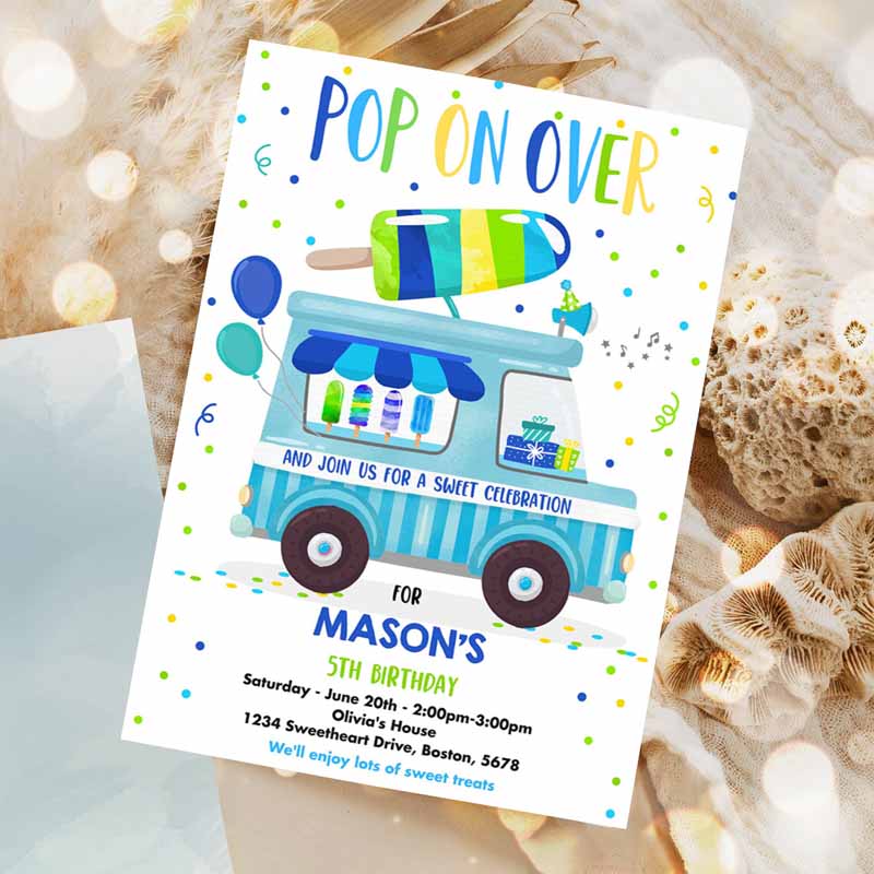 Popsicle Kids Birthday Invitation, Pop On Over Popsicle Party, Popsicle Truck Party Invitation, Ice Cream Truck Party Invitation