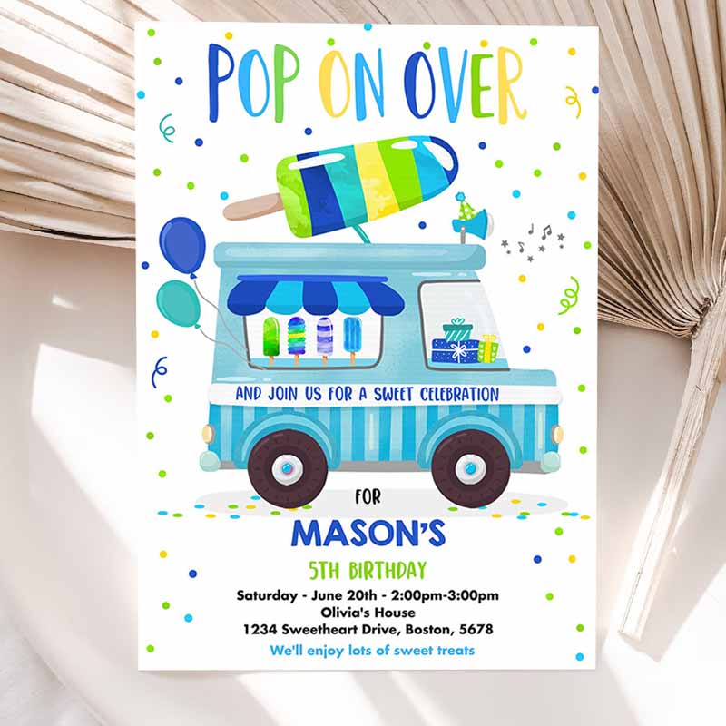 Popsicle Kids Birthday Invitation, Pop On Over Popsicle Party, Popsicle Truck Party Invitation, Ice Cream Truck Party Invitation