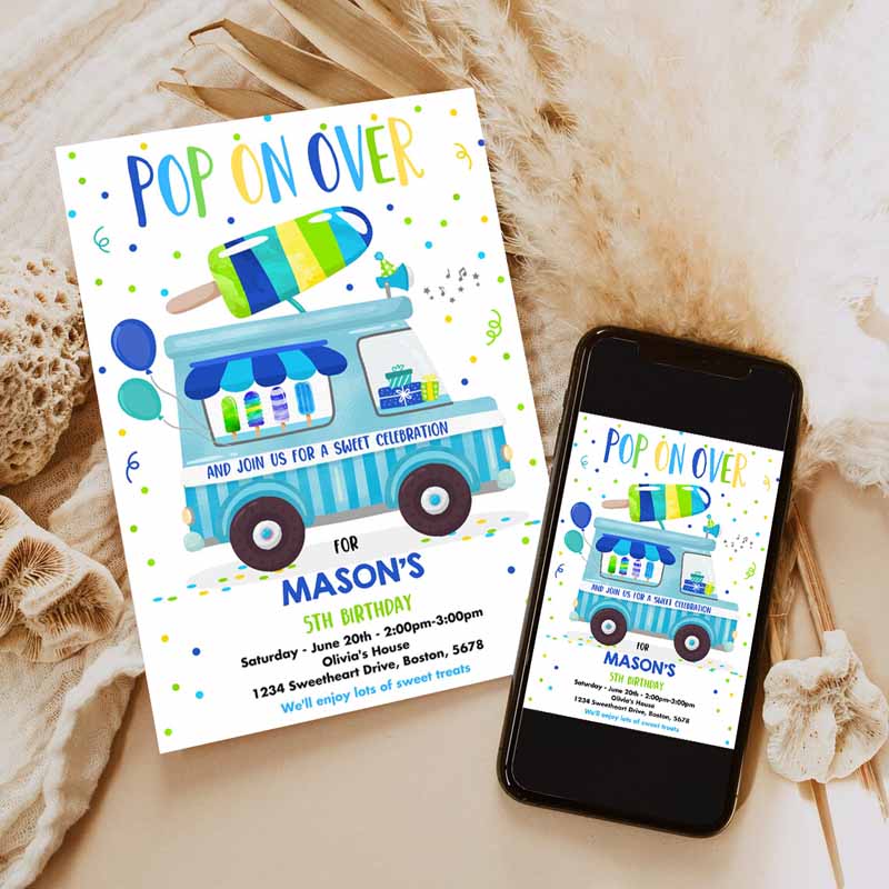 Popsicle Kids Birthday Invitation, Pop On Over Popsicle Party, Popsicle Truck Party Invitation, Ice Cream Truck Party Invitation