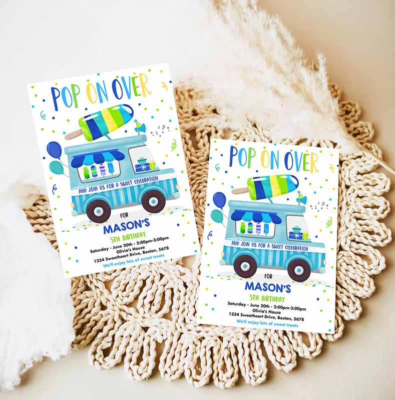 Popsicle Kids Birthday Invitation, Pop On Over Popsicle Party, Popsicle Truck Party Invitation, Ice Cream Truck Party Invitation