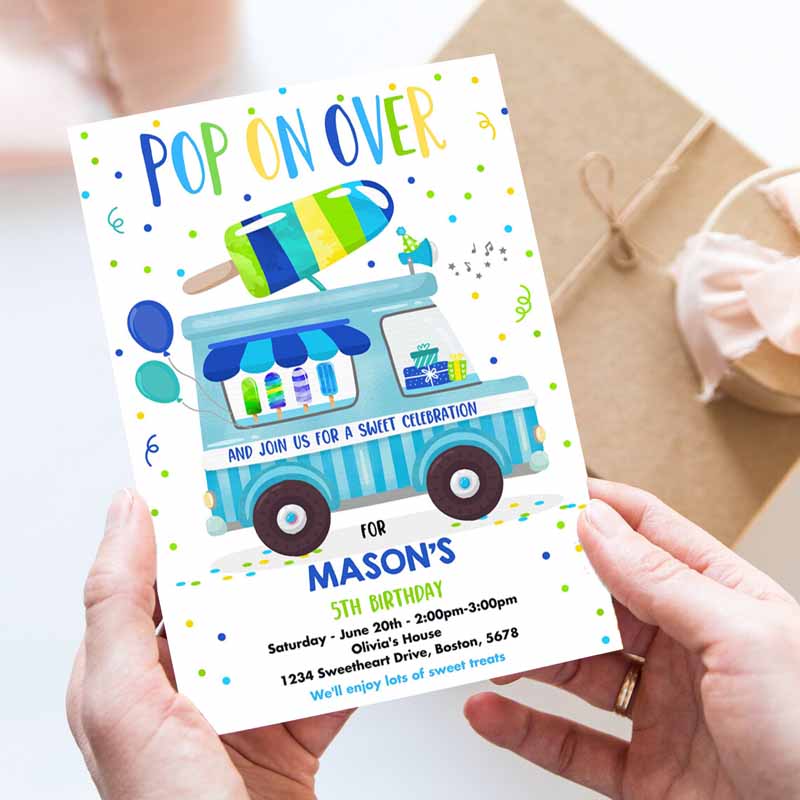 Popsicle Kids Birthday Invitation, Pop On Over Popsicle Party, Popsicle Truck Party Invitation, Ice Cream Truck Party Invitation