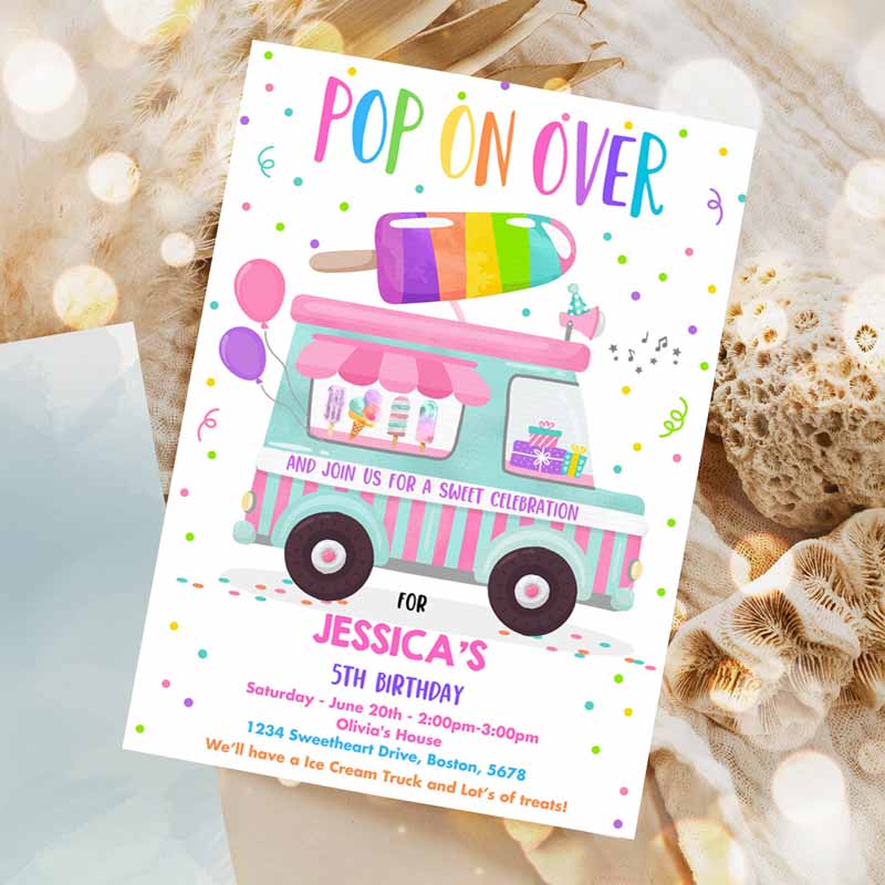 Popsicle Kids Birthday Invitation, Pop On Over Popsicle Party, Popsicle Truck Party Invitation, Ice Cream Truck Party