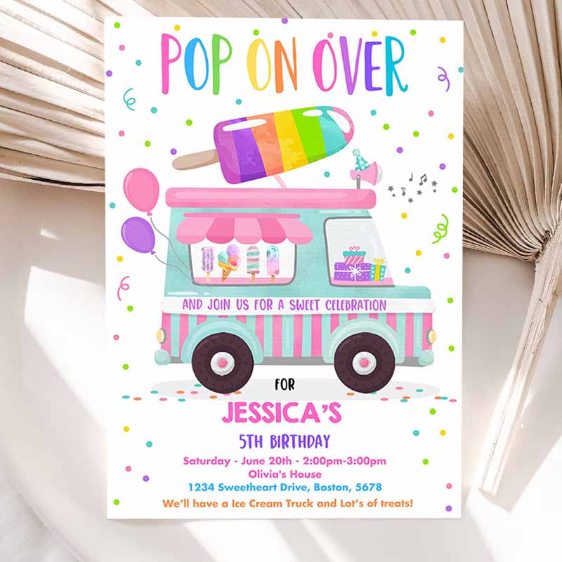 Popsicle Kids Birthday Invitation, Pop On Over Popsicle Party, Popsicle Truck Party Invitation, Ice Cream Truck Party