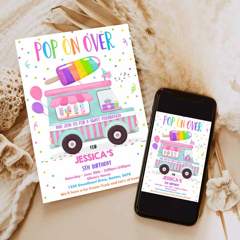 Popsicle Kids Birthday Invitation, Pop On Over Popsicle Party, Popsicle Truck Party Invitation, Ice Cream Truck Party