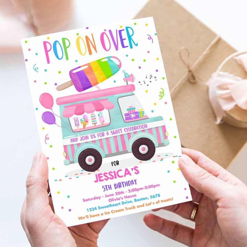 Popsicle Kids Birthday Invitation, Pop On Over Popsicle Party, Popsicle Truck Party Invitation, Ice Cream Truck Party