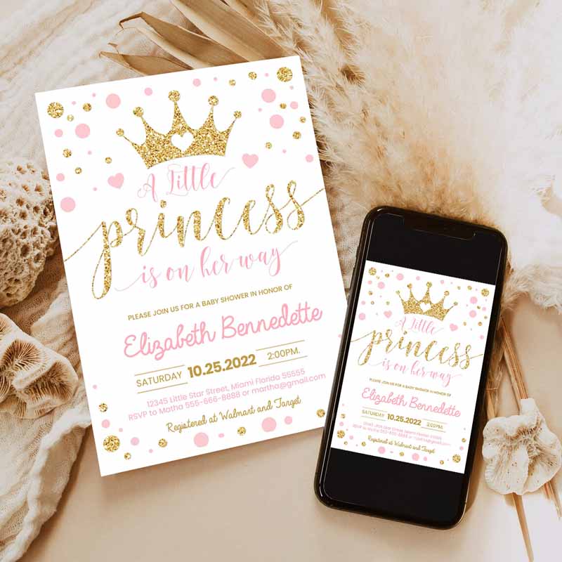 Princess Baby Shower Invitation, Pink and Gold Little Princess Invitations, Gold Girl Invite Invitation