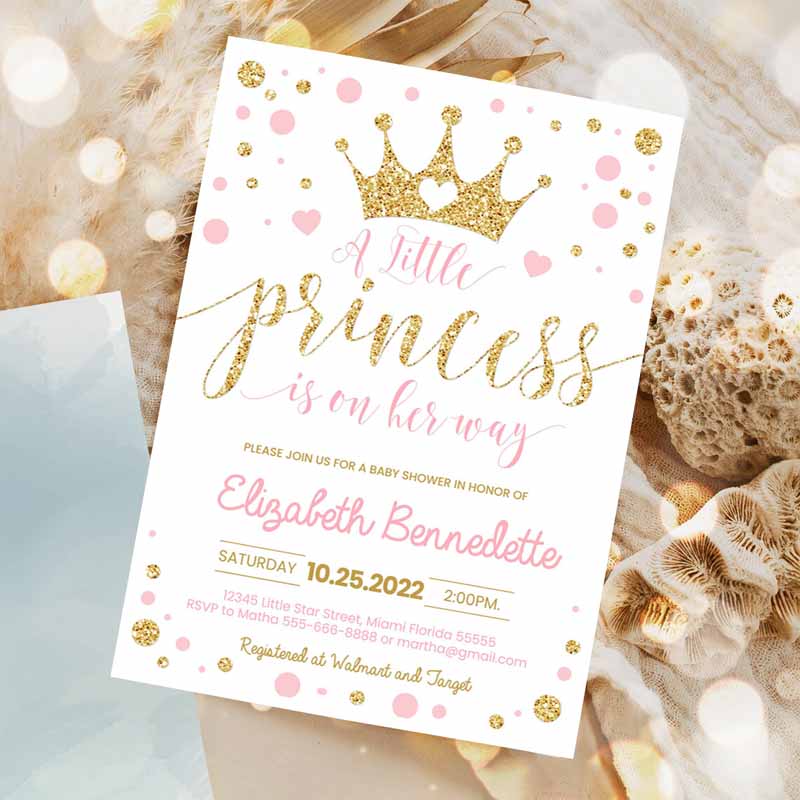 Princess Baby Shower Invitation, Pink and Gold Little Princess Invitations, Gold Girl