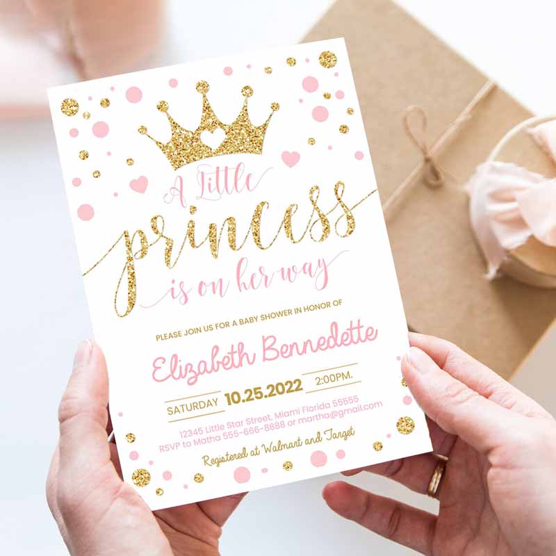 Princess Baby Shower Invitation, Pink and Gold Little Princess Invitations, Gold Girl