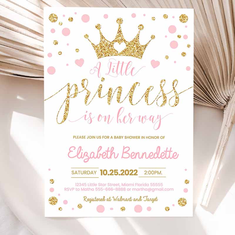 Princess Baby Shower Invitation, Pink and Gold Little Princess Invitations, Gold Girl