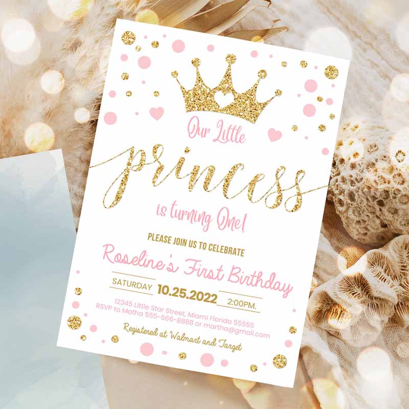 Princess Kids Birthday Invitation, Pink and Gold Little Princess Invitations, First Gold Girl Invite Invitation