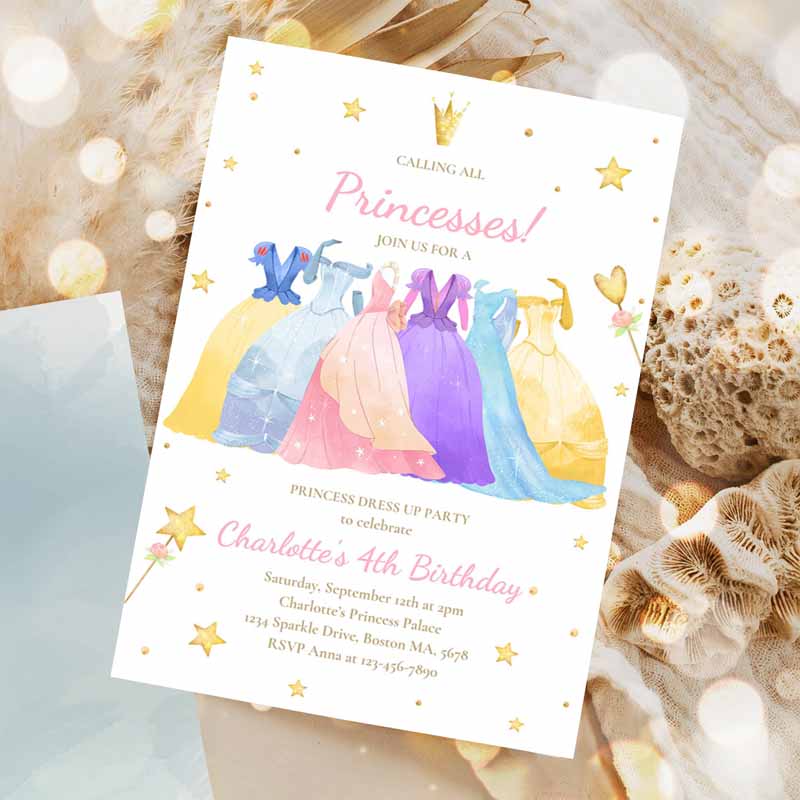 Princess Kids Birthday Invitation, Princess Dress Up Invitation Whimsical Royal Princess Party Invitation