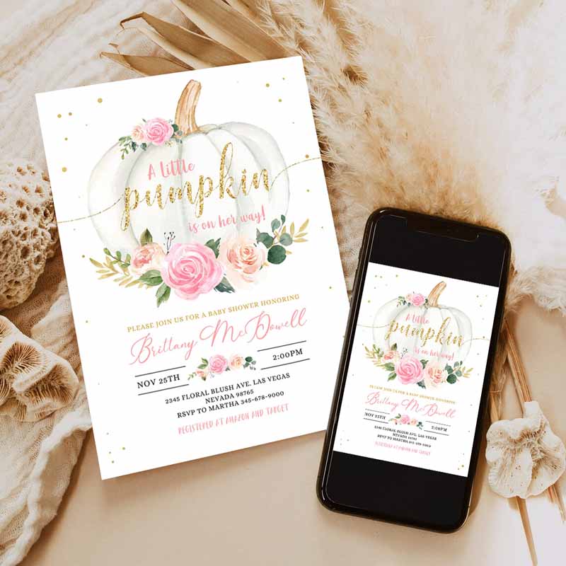 Pumpkin Baby Shower Invitation, Floral Pink and gold Girl little Pumpkin Baby Shower Fall Autumn Invitation