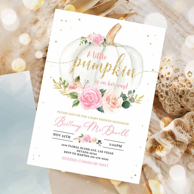 Pumpkin Baby Shower Invitation, Floral Pink and gold Girl little Pumpkin Baby Shower Fall Autumn