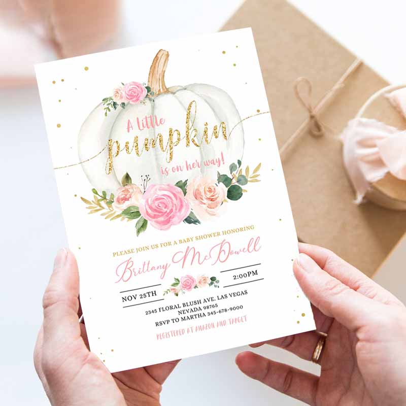 Pumpkin Baby Shower Invitation, Floral Pink and gold Girl little Pumpkin Baby Shower Fall Autumn