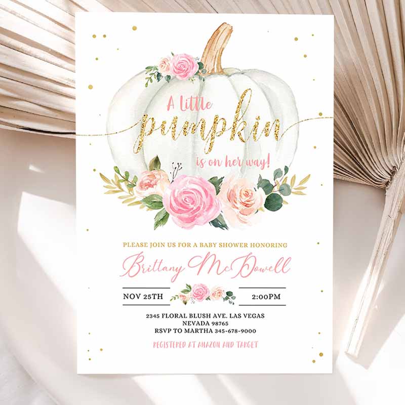 Pumpkin Baby Shower Invitation, Floral Pink and gold Girl little Pumpkin Baby Shower Fall Autumn