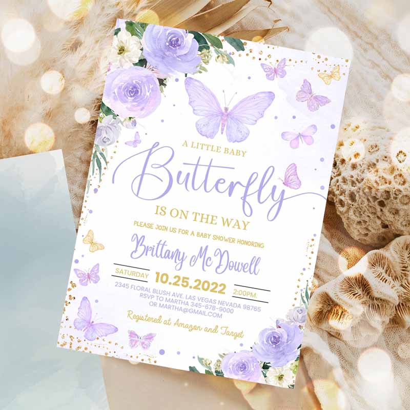 Purple Butterfly Baby Shower Invitation, Girl Butterflyeme Baby Shower