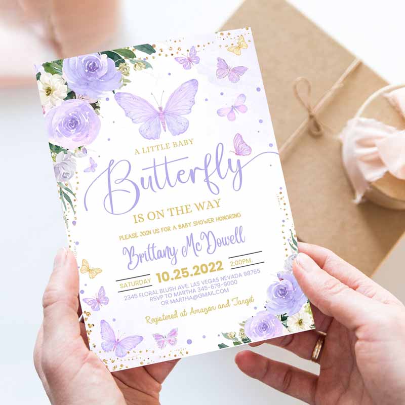 Purple Butterfly Baby Shower Invitation, Girl Butterflyeme Baby Shower