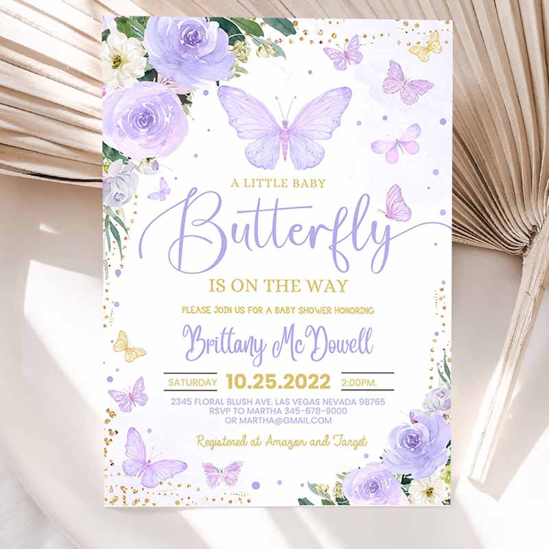 Purple Butterfly Baby Shower Invitation, Girl Butterflyeme Baby Shower