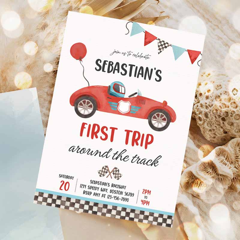 Race Car Kids Birthday Invitation, First Trip Arounde Track Boy Vintage Red Race Car Kids Birthday