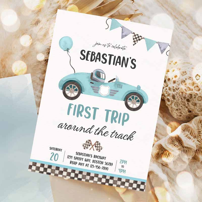 Race Car Kids Birthday Invitation, First Trip Arounde Track Boy Vintage Red Race Car Kids Birthday Party