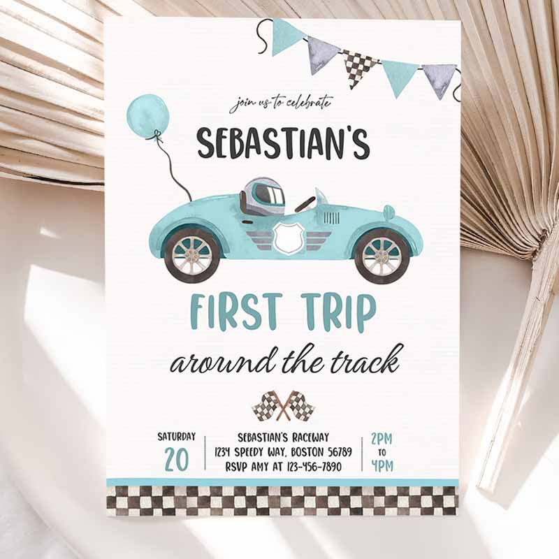 Race Car Kids Birthday Invitation, First Trip Arounde Track Boy Vintage Red Race Car Kids Birthday Party