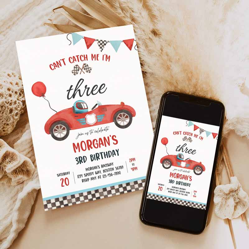 Race Car Kids Birthday Invitation, Can't catch Me I'mree Race Car Kids Birthday Invitation