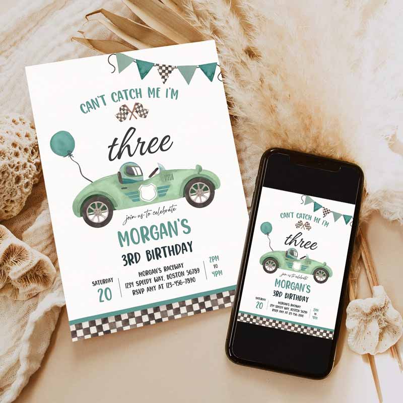 Race Car Kids Birthday Invitation, Can't catch Me I'mree Race Car Kids Birthday