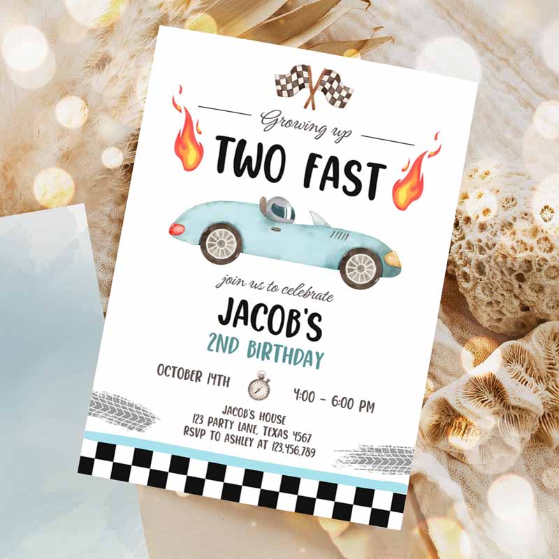 Racing Car Kids Birthday Invitation, Growing Up Two Fast Invite Second Kids Birthday, Boy Party Invitation