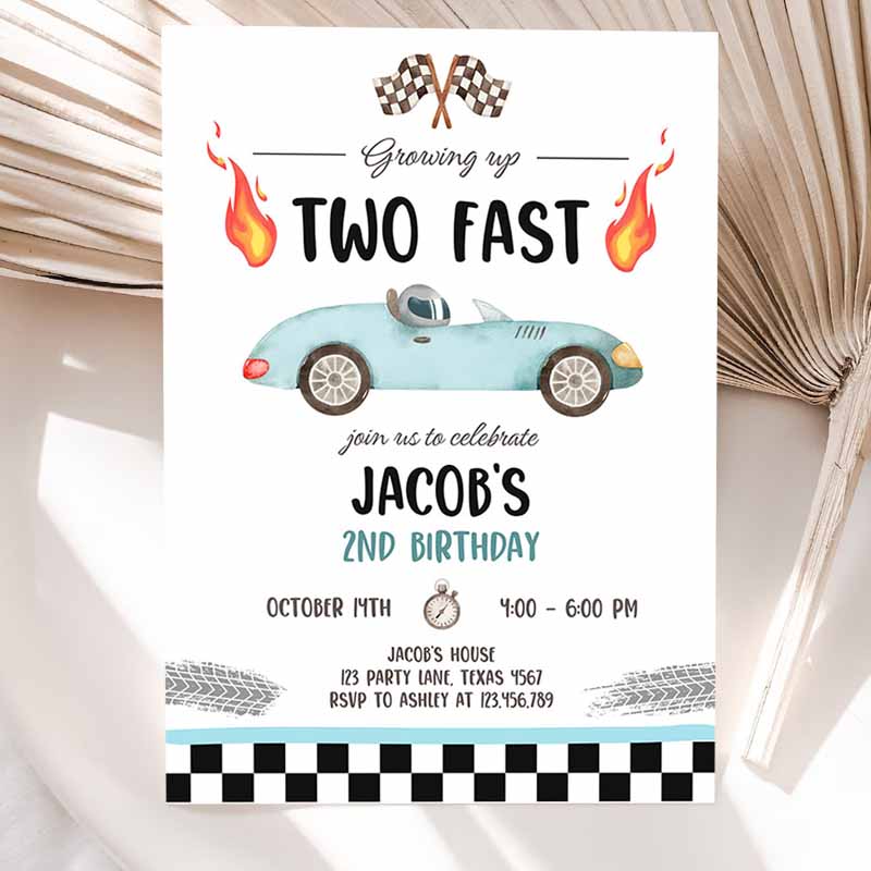 Racing Car Kids Birthday Invitation, Growing Up Two Fast Invite Second Kids Birthday, Boy Party Invitation