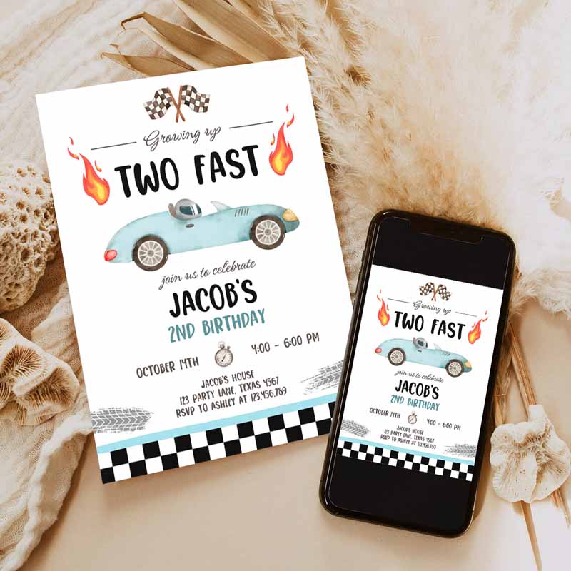 Racing Car Kids Birthday Invitation, Growing Up Two Fast Invite Second Kids Birthday, Boy Party Invitation