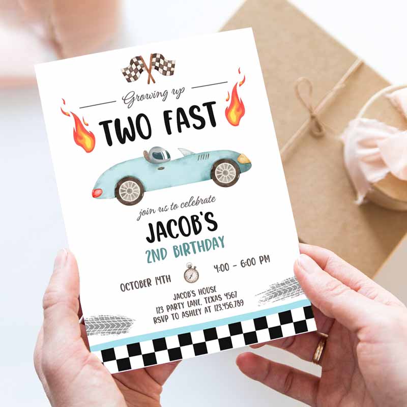 Racing Car Kids Birthday Invitation, Growing Up Two Fast Invite Second Kids Birthday, Boy Party Invitation