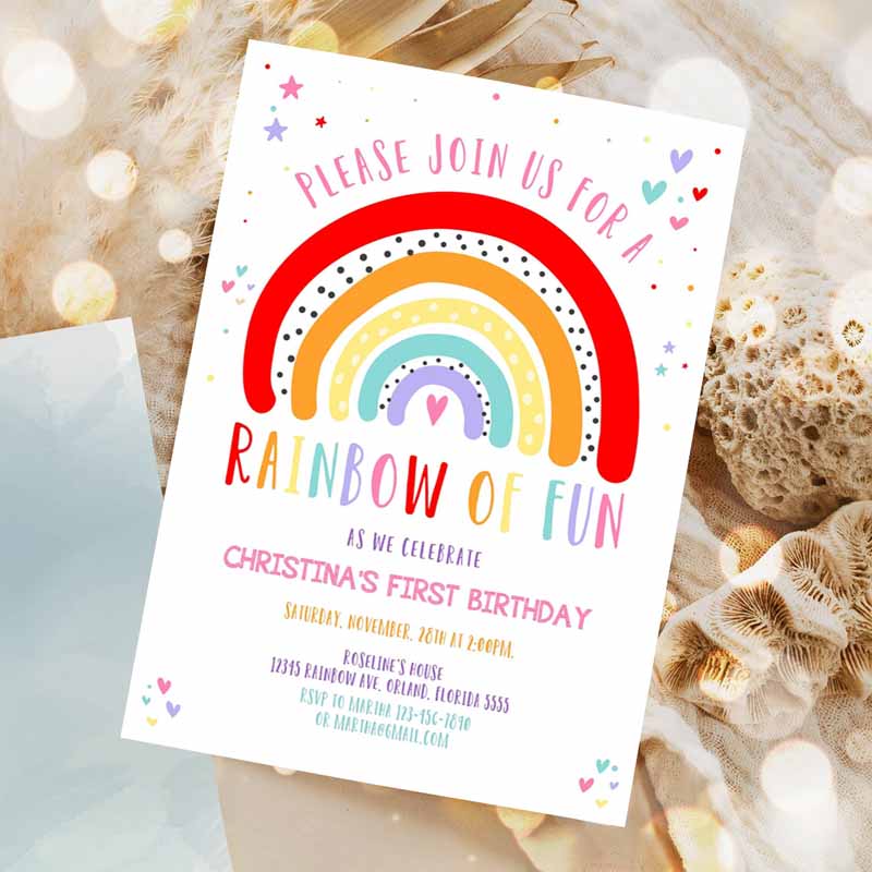 Rainbow Kids Birthday Invitation, Girls Rainbow Party, Gold Rainbow Clouds Rainbow Of Fun Printable