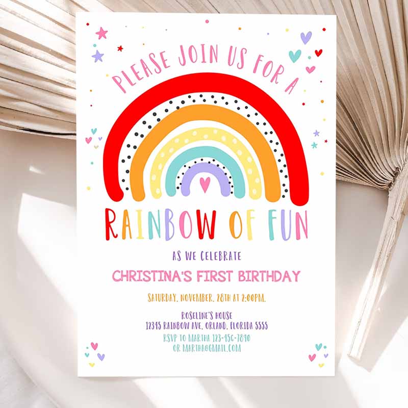 Rainbow Kids Birthday Invitation, Girls Rainbow Party, Gold Rainbow Clouds Rainbow Of Fun Printable