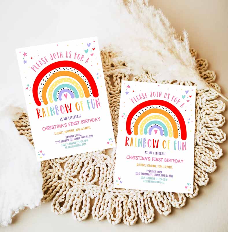 Rainbow Kids Birthday Invitation, Girls Rainbow Party, Gold Rainbow Clouds Rainbow Of Fun