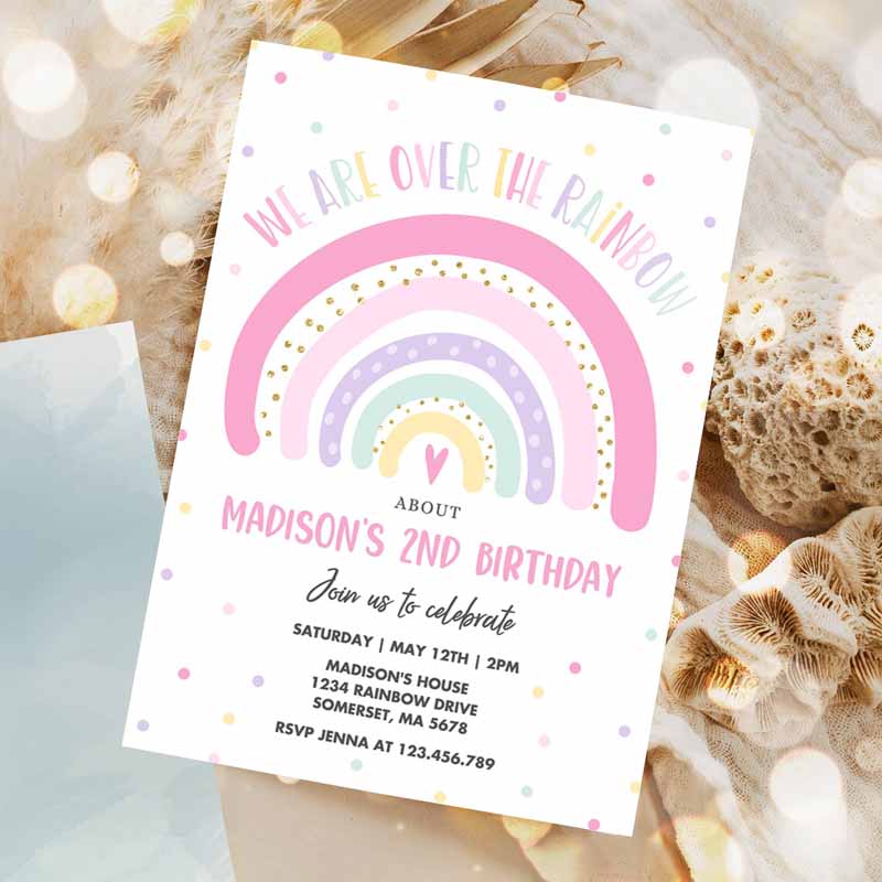 Rainbow Kids Birthday Invitation, Pink Rainbow Invitation Pink Rainbow Kids Birthday, Modern Rainbow Party