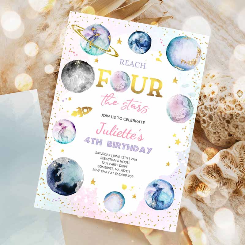 Reach Fourears Space Kids Birthday Invitation, Girl Pink Planets Galaxy Outer Space Kids Birthday