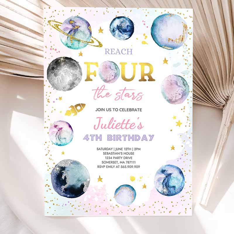 Reach Fourears Space Kids Birthday Invitation, Girl Pink Planets Galaxy Outer Space Kids Birthday Party