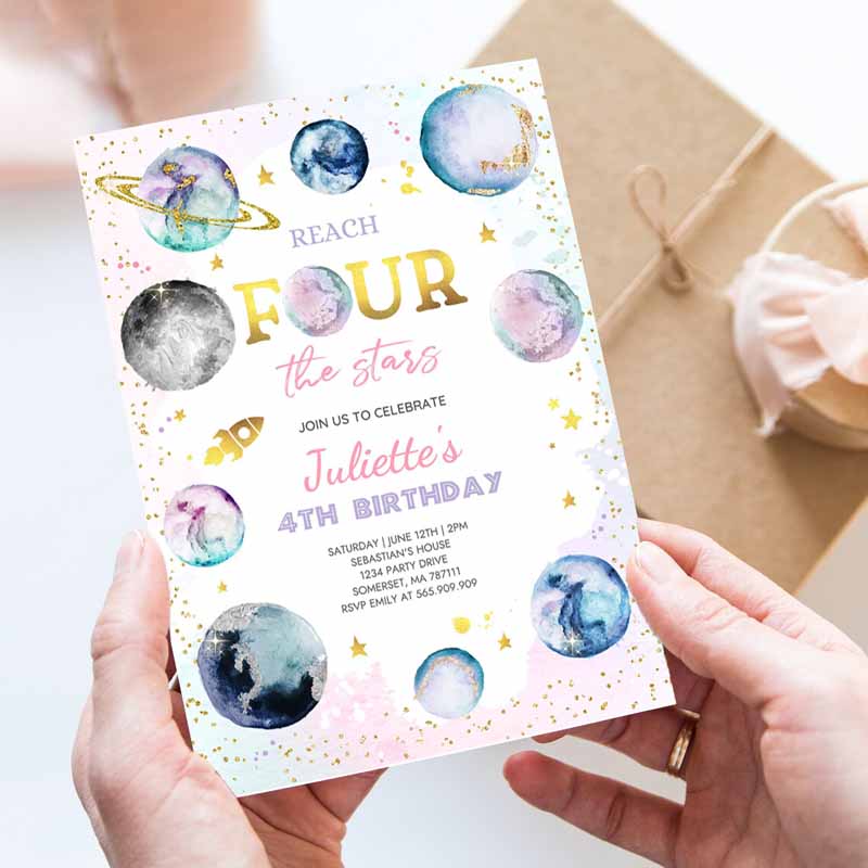 Reach Fourears Space Kids Birthday Invitation, Girl Pink Planets Galaxy Outer Space Kids Birthday Party